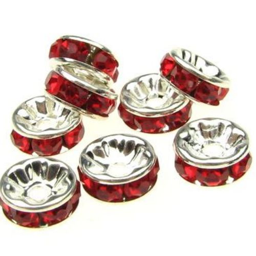 Metal Washer Spacer Bead with Red Crystals (quality A), 8x3.5 mm, Silver -10 pieces