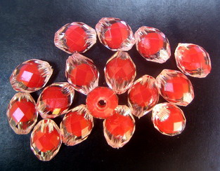 Transparent Acrylic Oval Bead with red base  13.5x10 mm hole 2 mm multi-walled - 50 grams ~ 70 pieces