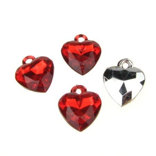 Acrylic Heart Pendant, Crystal Imitation, 15x11x3 mm, Red -20 pieces