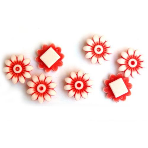 Χάντρα πλαστική δίχρωμη λουλούδι 20 mm τρύπα 2,5x7 mm λευκό και κόκκινο -50 γραμμάρια ~ 52 τεμάχια