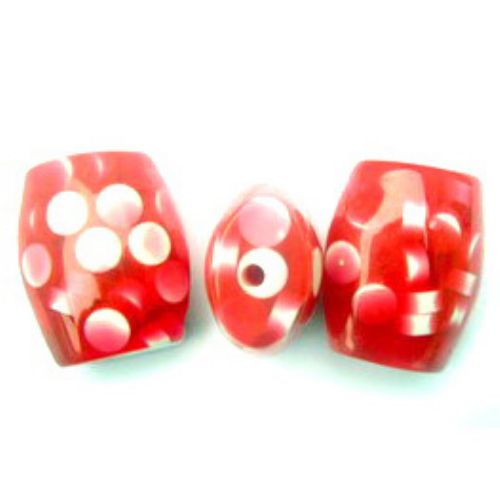 Resin Acrylic Beads, Striped Cylinder flat 32x26mm. with filling white and red -10pcs.