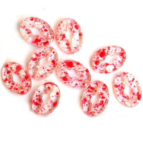 Οβάλ πλακέ, χάντρα τύπου κρύσταλλο 19x14 mm διαφάνο με λευκές και κόκκινες πιτσιλιές -50 γραμμάρια