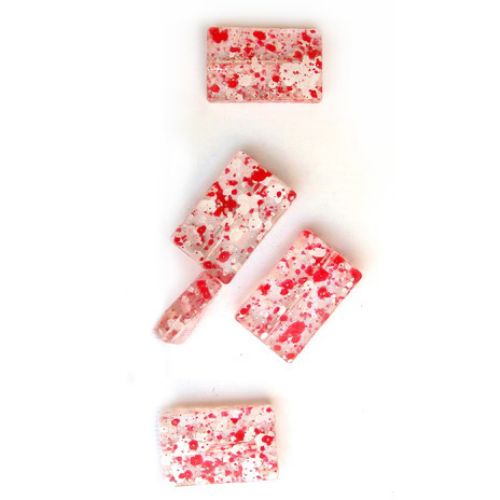 Acrylic Rectangular Transparent Beads Sprayed with White and Red, 25x16x5 mm -50 grams