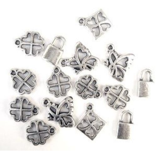 Pandantiv mix metalic noroc argintiu 12-15 mm -50 grame ~ 260 bucăți