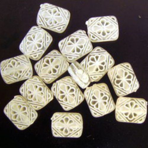 Rectangular bead with flower 10x12 mm hole 1.5 mm transparent with white - 50 grams ~ 100 pieces
