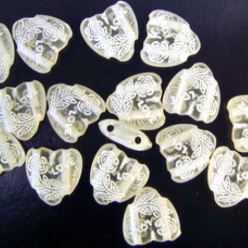 Heart Bead with rose holes 13x13x5 mm hole 1 mm transparent with white - 50 grams ~ 100 pieces