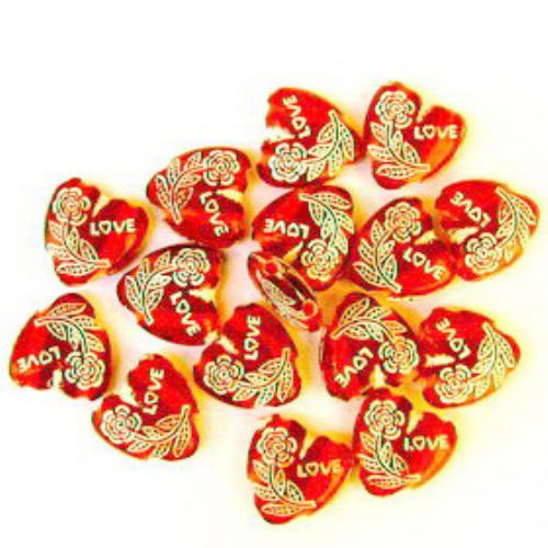 Inimă  margele cu găuri  trandafir 13x13x5 mm gaură 1 mm roșu cu alb -50 grame ~ 100 bucăți