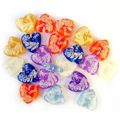 Heart Bead with rose,  holes 13x13x5 mm hole 1 mm mix with white - 50 grams ~ 100 pieces