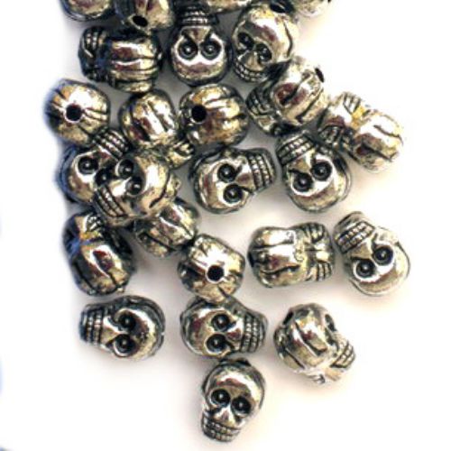 Margele craniu metalizat 9x7x6 mm gaură 1,5 mm argintiu -50 grame ~ 190 bucăți