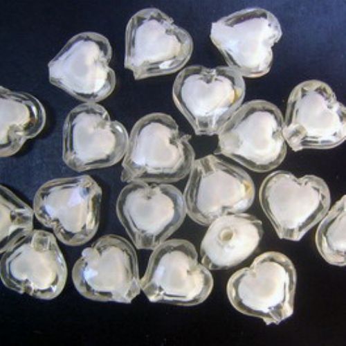 Transparent Acrylic Heart Bead with white base 11x10x6.5 mm hole 2 mm - 50 grams ~ 110 pieces