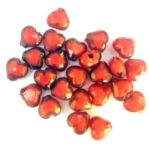 Transparent Acrylic Heart Bead with white base 11x10x6.5 mm hole 2 mm red -50 grams ~ 110 pieces