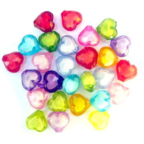 Transparent Acrylic Heart Bead with white base 11x10x6.5 mm hole 2 mm mix - 50 grams ~ 110 pieces