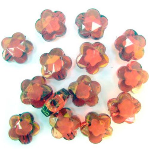 Acrylic Faceted Flowers Beads with Solid White Core, 15 mm, Red -50 grams