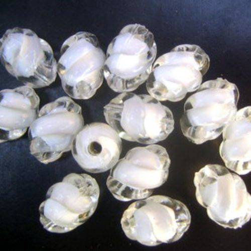 Transparent Acrylic Cylinder Oval Bead with white base spiral 15x11 mm hole 2 mm white - 50 grams ~ 60 pieces