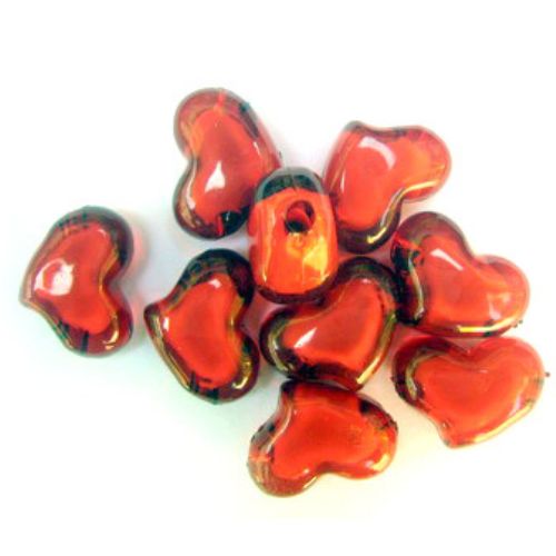 Acrylic Heart-shaped Beads with Solid White Core and Transparent Surface, 22x16 mm, Red -50 grams