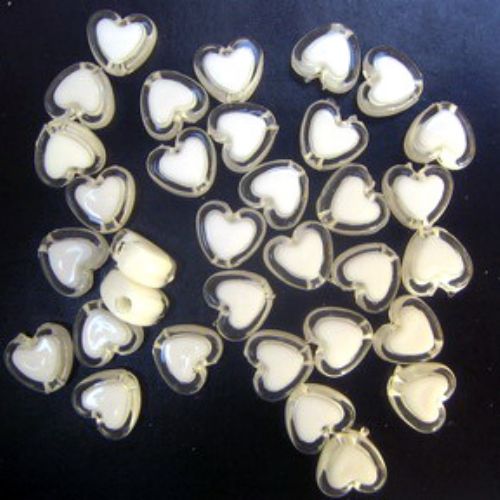 Transparent Acrylic Heart Bead with white base 8x9x4 mm hole 1.5 mm transparent - 50 grams ~ 270 pieces
