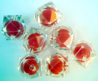 Transparent Acrylic  Polygon Bead with red base 19 mm - 50 grams