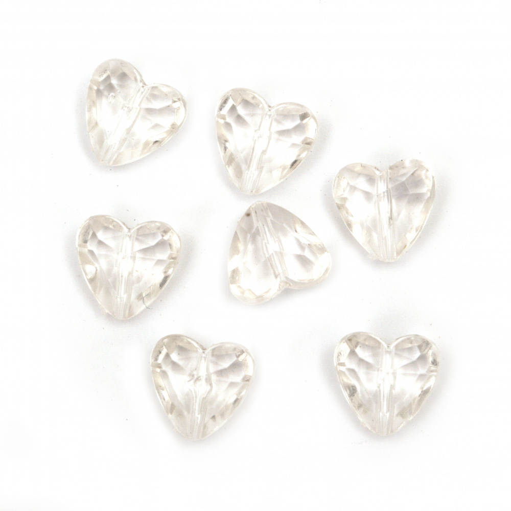 Acrylic Heart-shaped Faceted Beads, Crystal Imitation, 12x12x8 mm, Hole: 1 mm, Transparent -50 grams ~ 90 pieces