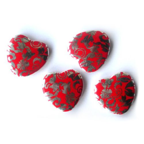 Patterned Plastic Heart-shaped Beads, Red and Silver, 29 mm -13 pieces, 47 grams