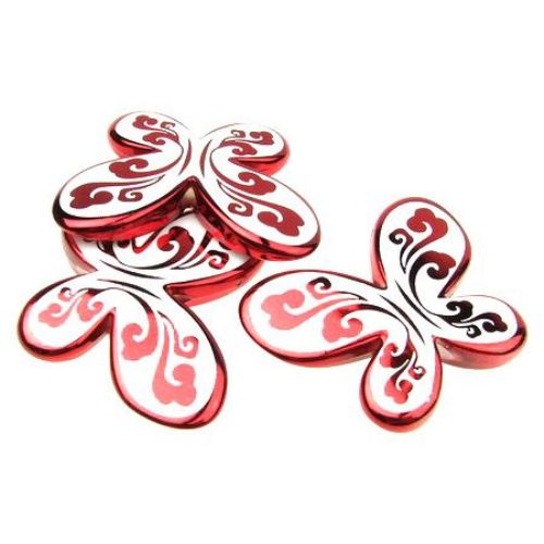 Plastic CCB Beads with Floral Ornaments, 44.3x33x6.4 mm, metallic red white hole 2.8 mm -10 pieces