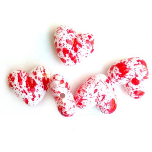 Acrylic heart bead white with red paint  24x21x11 mm - 50 grams