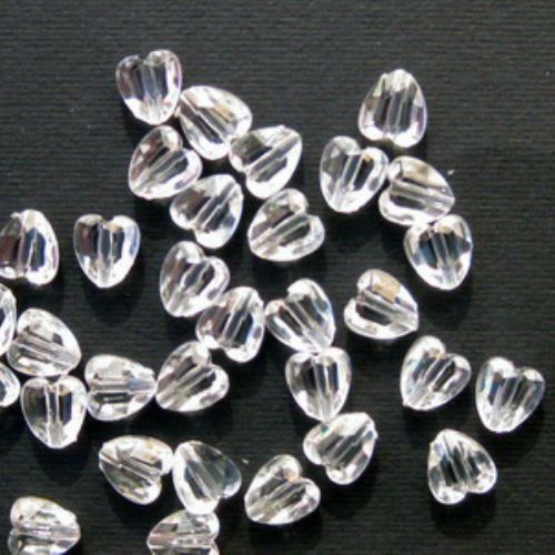 Bead crystal heart 10x8.5x5 mm hole 1 mm faceted transparent - 50 grams ~ 220 pieces
