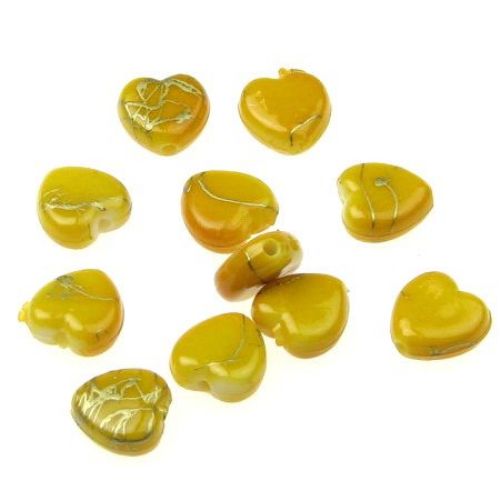 Plastic gold thread  hearts bead 9 mm yellow - 20 grams