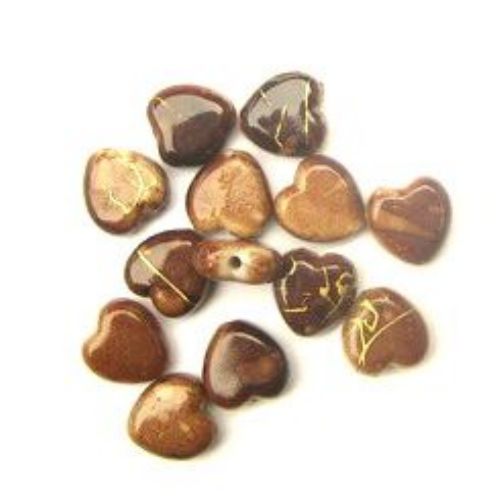Gold-lined Plastic Heart-shaped Beads for DIY Jewelry Findings, 9 mm, Assorted Brown -20 grams