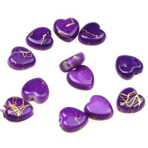 Plastic gold thread hearts bead 9 mm purple - 20 grams