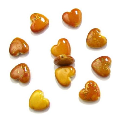 Χάντρα πλαστική καρδιά 14 mm πορτοκαλί με χρυσές πιτσιλιές-- 20 γραμμάρια