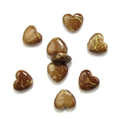 Plastic gold thread hearts bead 14 mm brown - 20 grams