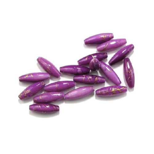 Plastic gold thread oval cylinder bead 17x6 mm purple - 20 grams