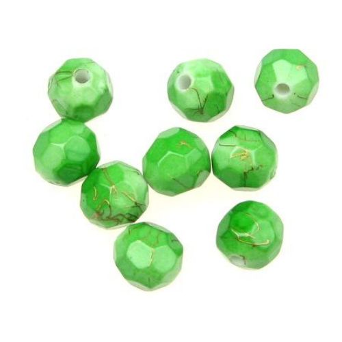 Faceted Round Gold-lined Acrylic Beads, 10 mm,Vivid Green -20 grams