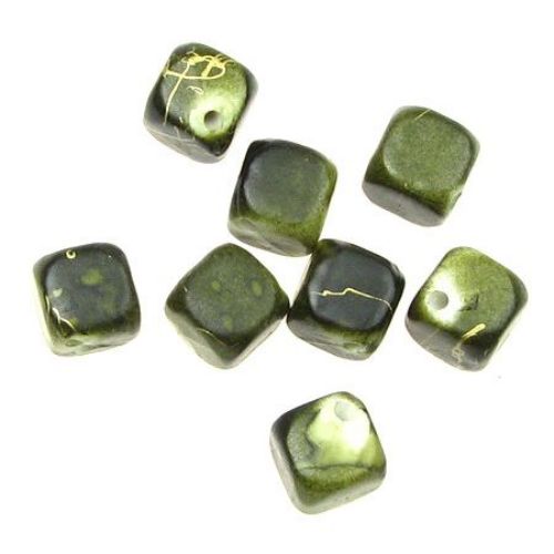Κύβος, χάντρα 8 mm πράσινο λαδί και χρυσό -20 γραμμάρια