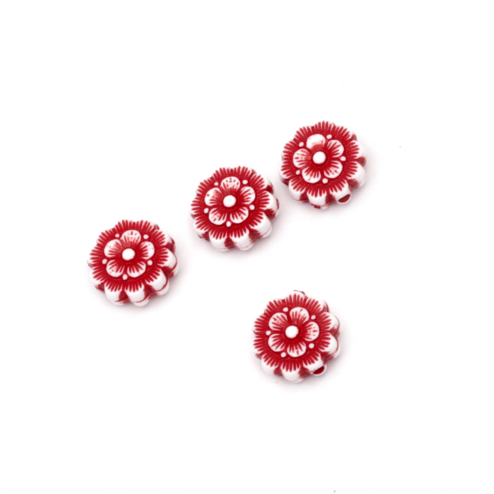 Two-color flower bead  12x5 mm hole 1 mm white and red - 50 grams ~ 130 pieces