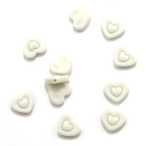 Solid Plastic Heart-shaped Beads, 14x12x5 mm, Hole: 1 mm, White - 50 grams