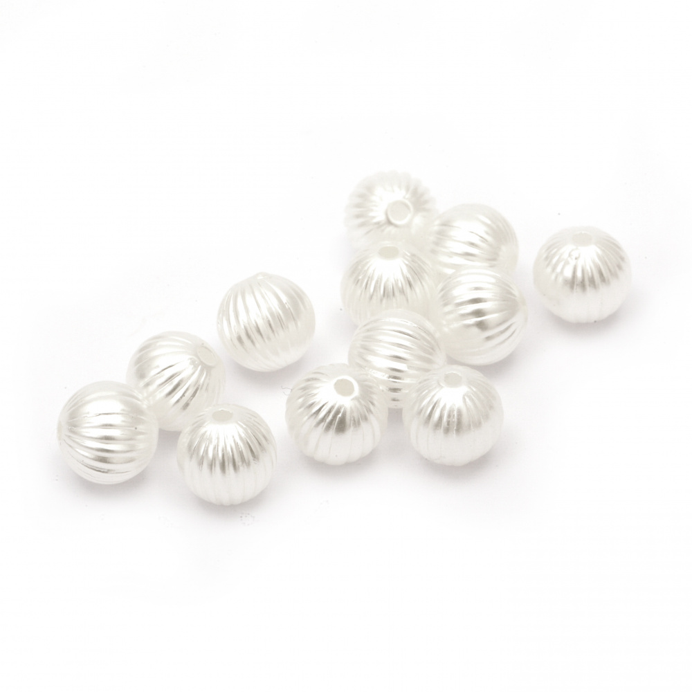 Plastic Еmbossed Pearl Imitation Beads, 10 mm, Hole: 1.5 mm, White - 20 grams ~ 45 pieces