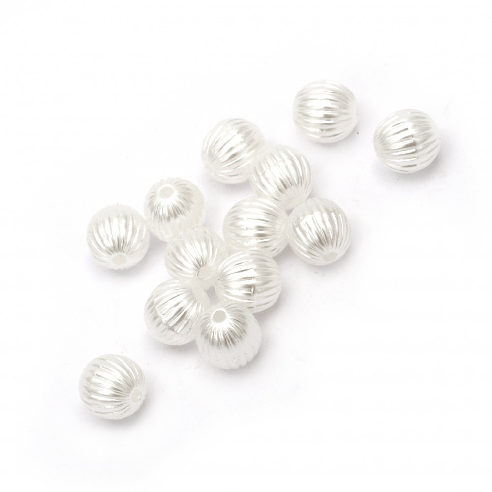 Plastic Еmbossed Pearl Imitation Beads, 8 mm, Hole: 1.5 mm, White - 20 grams ~ 75 pieces