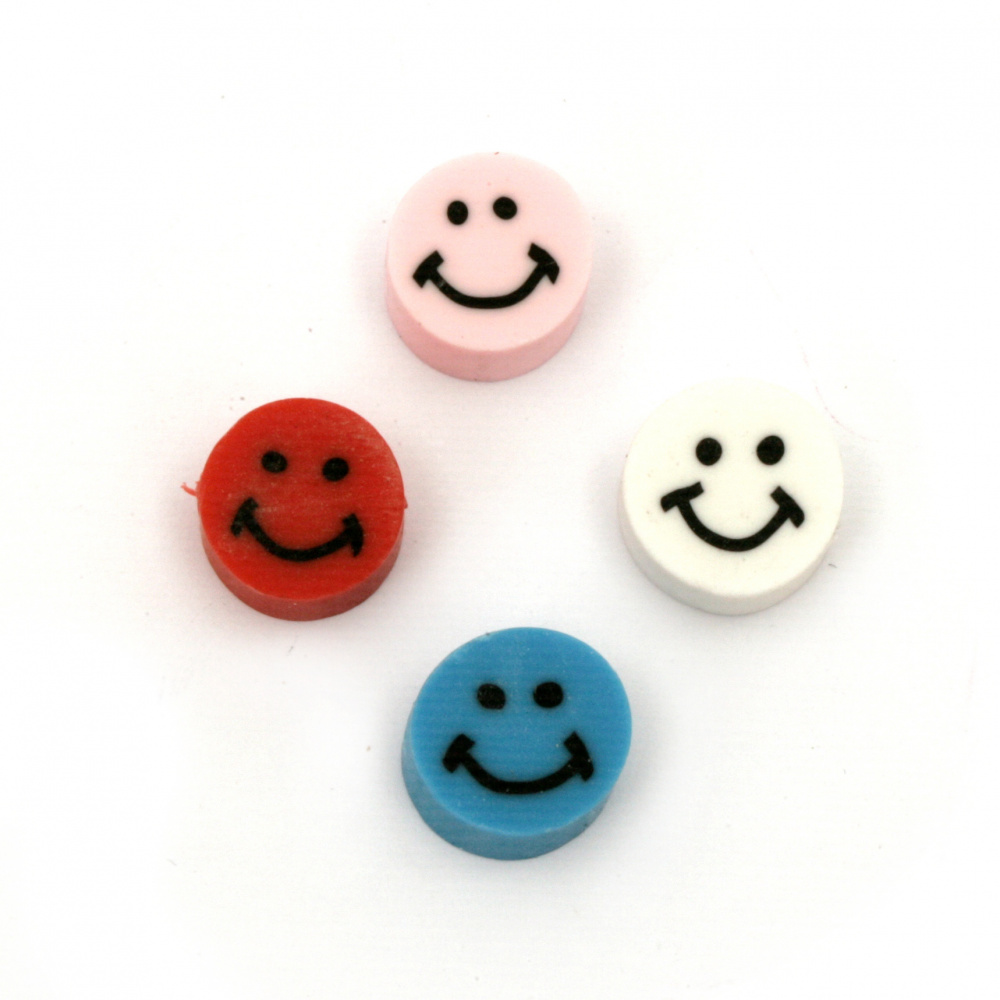 Smiley Face FIMO Beads, Flat Round Polymer Clay Beads,10x10x5 mm, Hole: 2 mm, ASSORTED colors -10 pieces