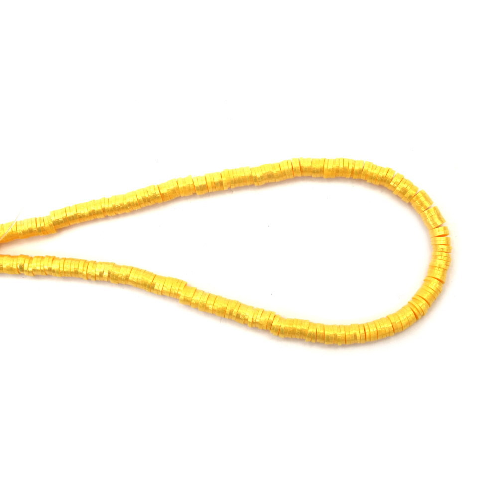 String of FIMO Beads / Disc: 6x1 mm, Hole: 2 mm, Yellow with Gold Pigment ~ 350 pieces