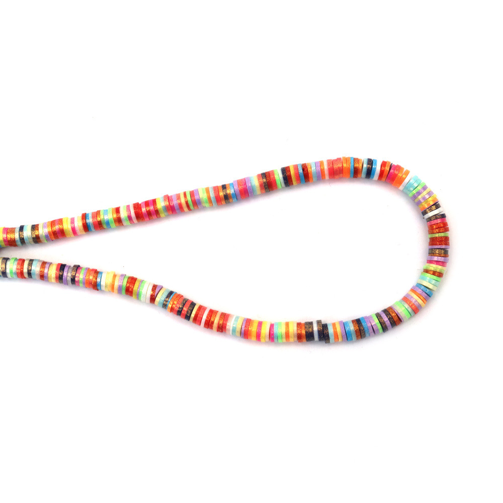 Κορδόνι από χάντρες FIMO, δίσκος 6x1 mm, τρύπα 2 mm, πολύχρωμες με χρυσή χρωστική ~350 τεμάχια