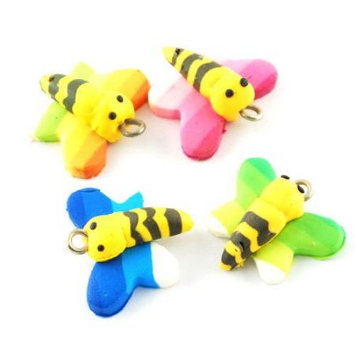 Polymer clay bee pendant 20x21x8 mm hole 2 mm assorted