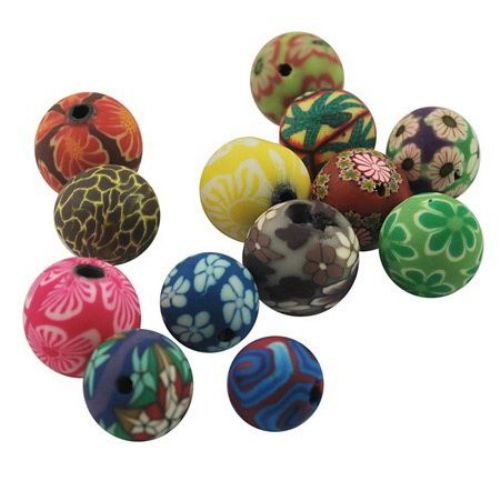 Polymer Clay Beads, Round, Colorful, 14mm, 2mm hole, 10 pcs