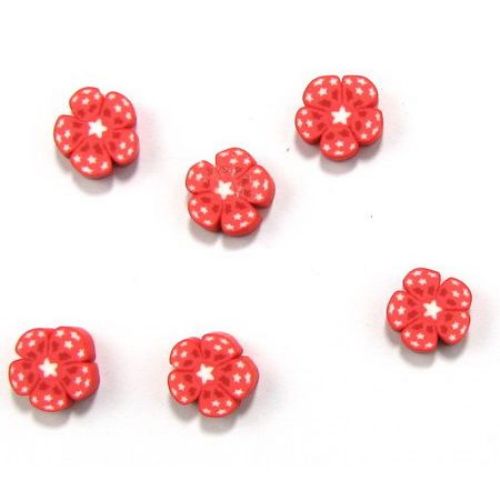 Painted flower form polymer clay beads 13 mm red - 10 pieces