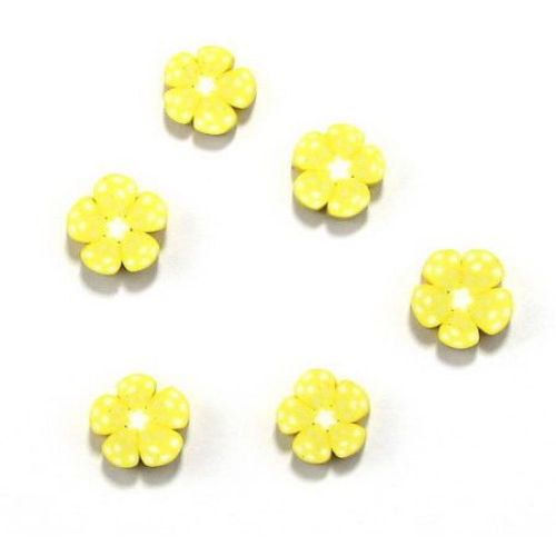 Dyed flower shaped polymer clay flat beads 13 mm yellow - 10 pieces