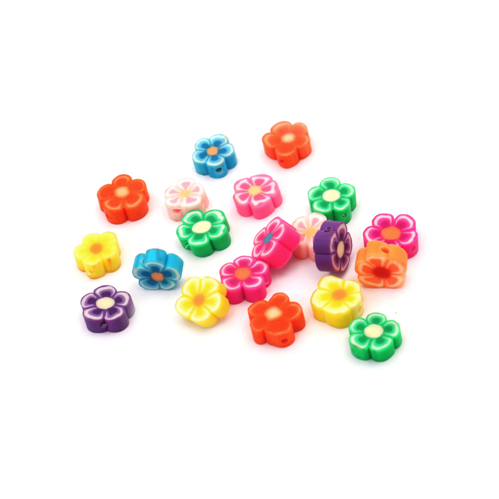 Elements for decoration Fimo, 10x10x4 mm, hole 2 mm, flower mixed colors - 20 pieces