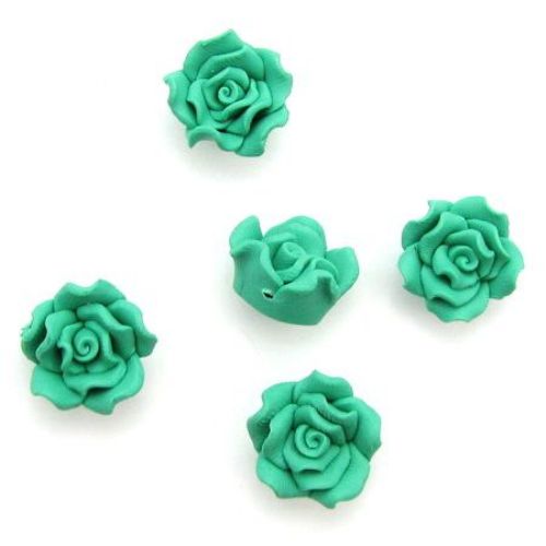 Polymer Clay Beads, Rose, Green, 15x10mm, 1mm hole, 5 pcs