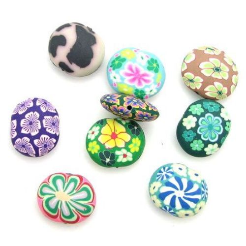 Colorful Oval FIMO Beads, Patterned Polymer Clay Beads, 30x25 mm, Hole: 2 mm, ASSORTED -1 piece