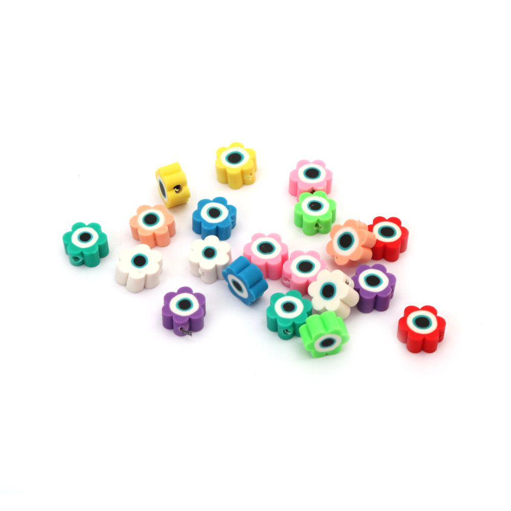 Decorative elements Fimo, 9x4 mm, hole 2 mm, flower with blue eye, mixed colors - 20 pieces