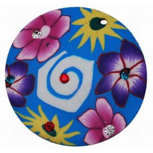 Colorful Patterned Round FIMO Pendant with Tiny Crystals, 40x2 mm, Hole: 1 mm -2 pieces